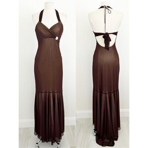 Vintage Y2K Cache Brown Gold Halter Formal Long Maxi Gown Dress Size 2